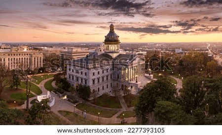 Aerial view of the South Carolina Statehouse at dusk in Columbia, SC. Columbia is the capital of the U.S. state of South Carolina and serves as the county seat of Richland County Royalty-Free Stock Photo #2277393105