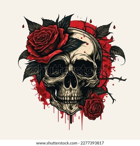 Skull head with rose of vintage illustration