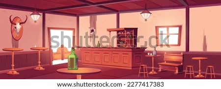 Western saloon wood interior. West cowboy bar with bottle on table cartoon vector background. Empty Texas pub with wildwest door and bench. Wanted paper with knife in wall near rack of alcohol. Royalty-Free Stock Photo #2277417383
