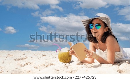 Lifestyle woman and relax chill on beach background. Travel summer vacations, copy space for banner.Summer vacations
