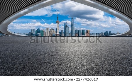 Shanghai skyline and asphalt road with bridge scenery, China.