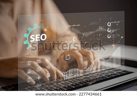 Website admins using SEO tools to get their websites ranked in top search rankings in search engine. Website improvement concept to make search results higher. Royalty-Free Stock Photo #2277434661