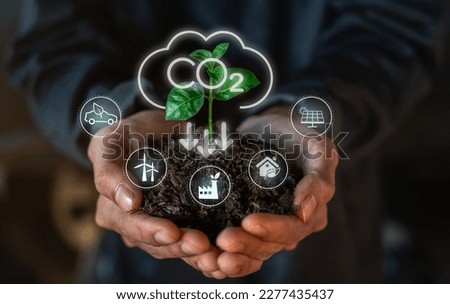 Reduce CO2 emission concept in the hand for environmental, global warming, Sustainable development and green business based on renewable energy and without carbon dioxide emissions.