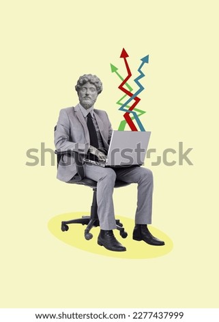 Contemporary art collage of a man headed by a statue head sitting on an office chair with a laptop with graphs and diagrams. Concept of business, finance, economy. Copy space.
 Royalty-Free Stock Photo #2277437999