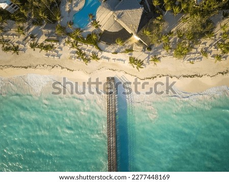 Aerial view of a wooden bridge on the sea. White sandy beach, palm trees on the shore, the roofs of tall buildings and small houses. Resort, vacation, swimming, water sports.