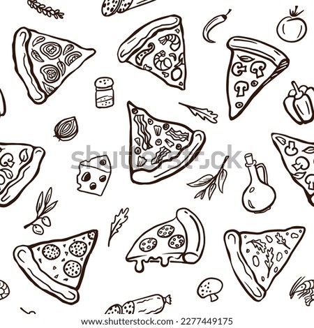 Pizza slices vector seamless pattern. Doodle outline illustration for package, textile or pizzeria menu design.