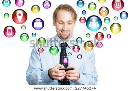 communication technology mobile phone high tech concept. business man using texting on smartphone social media application icons flying out of cellphone isolated white background. 4g data plan service