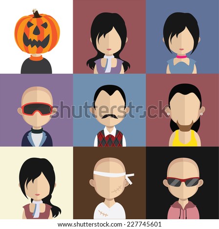 Set of 9 people icons in flat style with faces. Vector women, men character