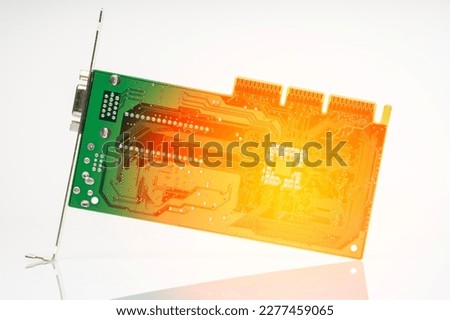 processor for a personal computer of Russian production. selective focus, computer chip on the background of the Russian flag, the concept of import substitution, solar glare,