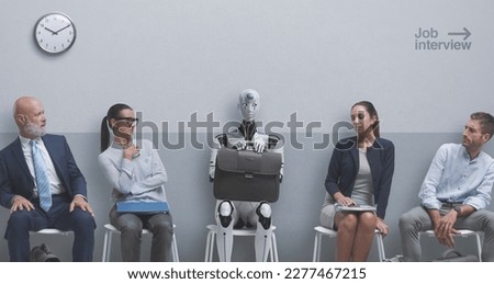 Disappointed job applicants sitting in the waiting room and staring at the AI robot candidate, they are waiting for the job interview Royalty-Free Stock Photo #2277467215
