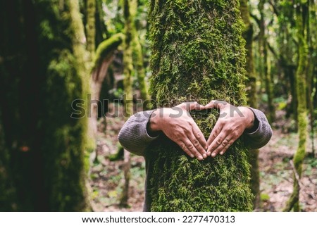 Human man hands embracing green tree trunk in the forest doing earth sign symbol for environment and nature love concept lifestyle. Deforestation. Outdoor people leisure activity in the park travel Royalty-Free Stock Photo #2277470313