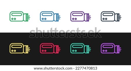 Set line Flashlight for diver icon isolated on black and white background. Diving underwater equipment.  Vector