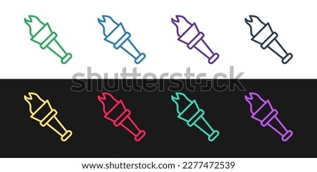 Set line Torch flame icon isolated on black and white background. Symbol fire hot, flame power, flaming and heat.  Vector