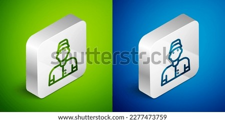Isometric line Baseball player icon isolated on green and blue background. Silver square button. Vector