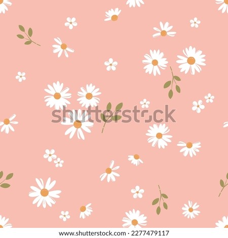 Seamless pattern with daisy flower , small white flower and green leaves on pink orange background vector illustration. Cute floral print. Royalty-Free Stock Photo #2277479117