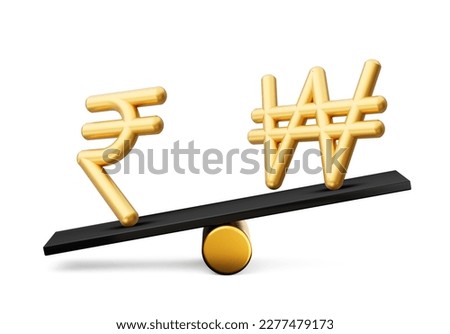 3d Golden Indian Rupee And Won Symbol Icons With 3d Black Balance Weight Seesaw, 3d illustration