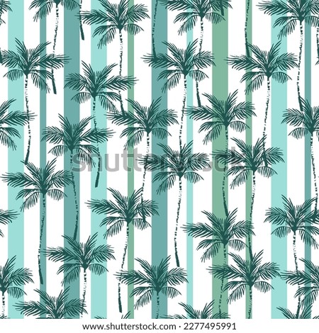 Abstract coconut palm trees on striped background. Seamless tropical pattern. Palm tree silhouettes, lines, stripe. Vector art illustration for summer design, floral prints, wallpaper
