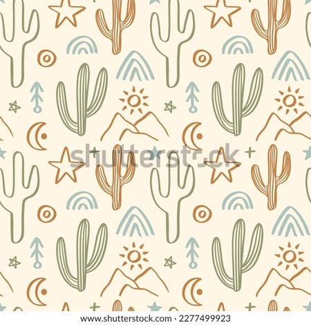 Cactus and Mountains Boho Seamless Pattern. Desert Cacti repeat background print. Wild West motifs endless texture with cacti, mountains. Vector illustration in retro minimal style Royalty-Free Stock Photo #2277499923
