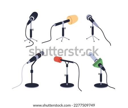 Microphones set. Desktop mics on stands, tripods. Professional audio, voice recording, broadcasting equipment. Table mikes for media, press. Flat vector illustrations isolated on white background