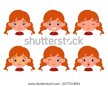 Cute cartoon little kid girl with red hair in various expressions and gesture. Cartoon child character showing different emotions. Vector illustration. Royalty-Free Stock Photo #2277513841