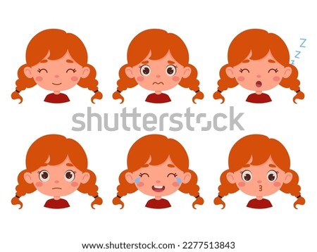 Cute cartoon little kid girl with red hair in various expressions and gesture. Cartoon child character showing different emotions. Vector illustration. Royalty-Free Stock Photo #2277513843