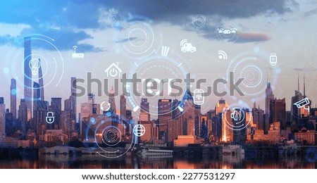 New York skyline at golden hour, internet of things (IOT) and smart city icons hologram, global network and devices connection. Concept of modern technology, AI and business process Royalty-Free Stock Photo #2277531297