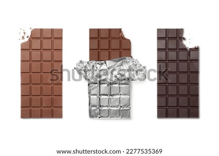 Collage with tasty different chocolate bars on white background, top view Royalty-Free Stock Photo #2277535369