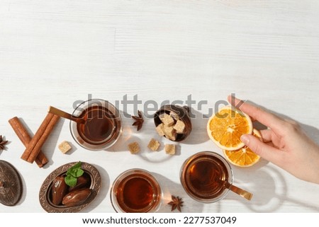 Concept of traditional turkish brewed hot drink, turkish tea, space for text