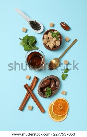 Concept of traditional turkish brewed hot drink, turkish tea, top view