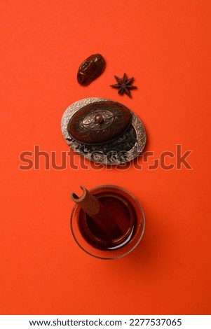 Concept of traditional turkish brewed hot drink, turkish tea, top view