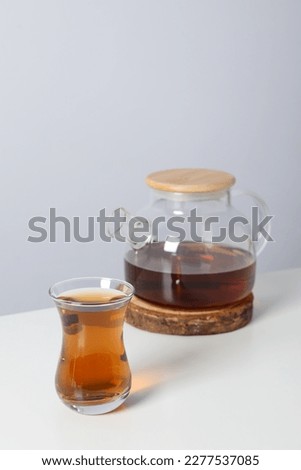 Concept of traditional turkish brewed hot drink, turkish tea, space for text
