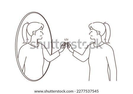 Woman look in mirror talk to other self. Distressed girl suffer from bipolar disorder or psychological problems. Vector illustration. 
