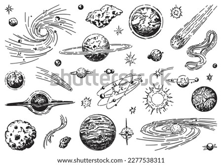 Cosmic space doodles set. Outline drawings of planets, stars, comets, asteroids, galaxies. Astronomy science sketches. Hand drawn vector illustration isolated on white..
