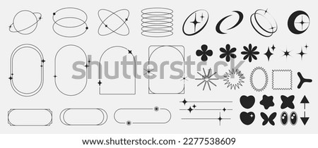 Set of geometric shapes in trendy 90s style. Black trendy design with frame, sparkles, heart, flower, star, lines. Y2k aesthetic element illustrated for banners, social media, poster design, sticker. Royalty-Free Stock Photo #2277538609