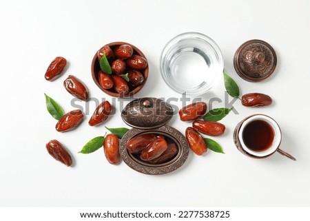 Concept of tasty food, dates, top view