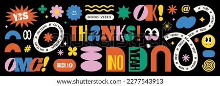 Naive playful abstract shapes sticker pack. Groovy circle oval rectangle arch eyes typography in trendy retro 90s cartoon style. Vector illustration with wavy geometric elements. Brutalism aesthetic. Royalty-Free Stock Photo #2277543913