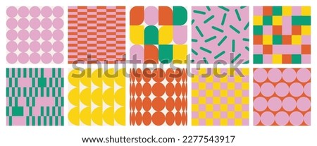 Naive playful abstract shapes seamless patterns. Brutal contemporary figure circle oval wave backgrounds. Geometric posters in trendy retro brutalist style. Swiss design aesthetic. Royalty-Free Stock Photo #2277543917