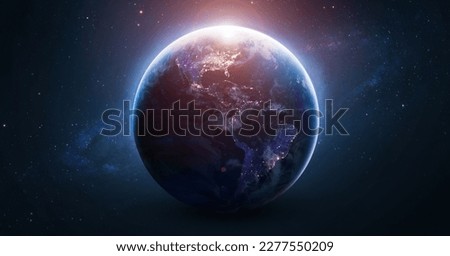 Earth globe in space. Earth sphere. Earth planet at night template. Sunlight with stars in space. Elements of this image furnished by NASA Royalty-Free Stock Photo #2277550209