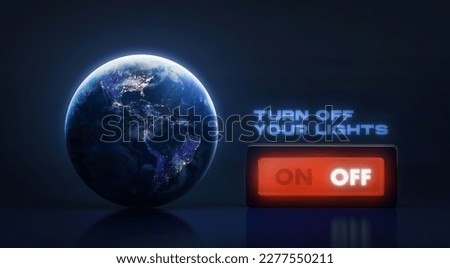 Earth hour 2024 campaign. Turn off your lights for our planet on 60 minutes. Switch button. Earth at night. Save the environment. Elements of this image furnished by NASA Royalty-Free Stock Photo #2277550211