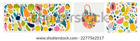 
Cute doodle illustration with vegetables and fruits isolated on white background. Fresh elements and seamless pattern.Vector food set for your design.  Royalty-Free Stock Photo #2277562517