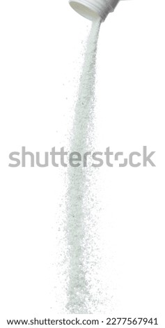 Detergent Powder splash fly in air. Detergent Powder pour float in mid air. Detergent Powder blue soap explosion throw fluttering. White background isolated high speed shutter freeze motion Royalty-Free Stock Photo #2277567941