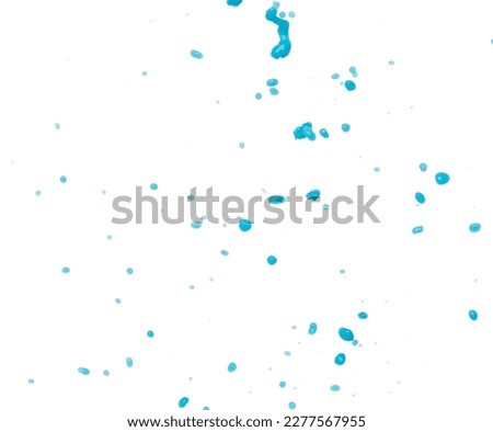 Blue paint water spill splash in shape form. Blue liquid lotion moisturizer cosmetic pour float in mid air. Blue cocktail drink explosion throw fluttering. White background isolated high speed shutter
