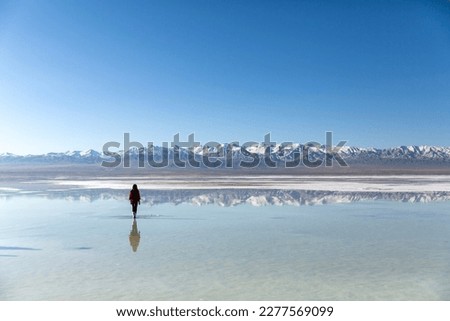 Chaka Salt Lake in Qinghai, the sky is pure, and there are continuous snow-capped mountains in the distance. A woman is walking alone on the lake, and the lake water reflects the sky, snow-capped moun Royalty-Free Stock Photo #2277569099