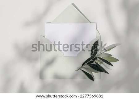 Spring, summer wedding, birthday stationery. Closeup of empty greeting card, invitation mockup with mint green envelope and olive tree branch. White table  in sunlight. Shadow overlay. Flat lay, top. Royalty-Free Stock Photo #2277569881