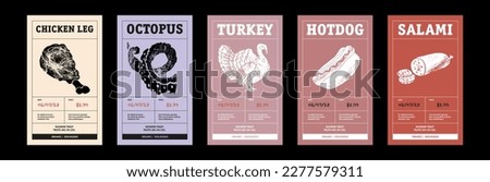 Modern typography banner, hand drawn steak. Meat, chicken legs, octopus, turkey, hotdog, salami abstract vector packaging labels design set. Color paper background layouts collection Isolated. Royalty-Free Stock Photo #2277579311
