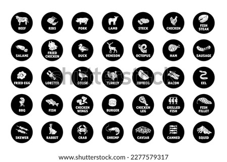 Meat, poultry, fish and eggs stickers and labels. Black and white color packaging for food preparing and culinary. Chicken, fish, beef, pork, poultry, pig product for selling vector set.