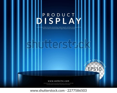 Close up empty black podium of product display in dark scene with line vertical blue neon light on background. Vector illustration Royalty-Free Stock Photo #2277586503