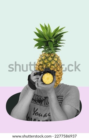 Contemporary collage art, art collage, Photographer with pineapple head on the surreal background. A new kind of photography.