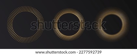 Gold Halftone round frame. Golden luxury Halftone circle logo. Dots emblem. Dotted texture border. Vector illustration isolated on white background.