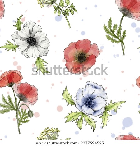 Poppy seamless pattern. Watercolor pattern with red wild poppy and anemone flowers. Hand drawn bright summer illustration. Design for textiles, wallpaper, wrapping paper